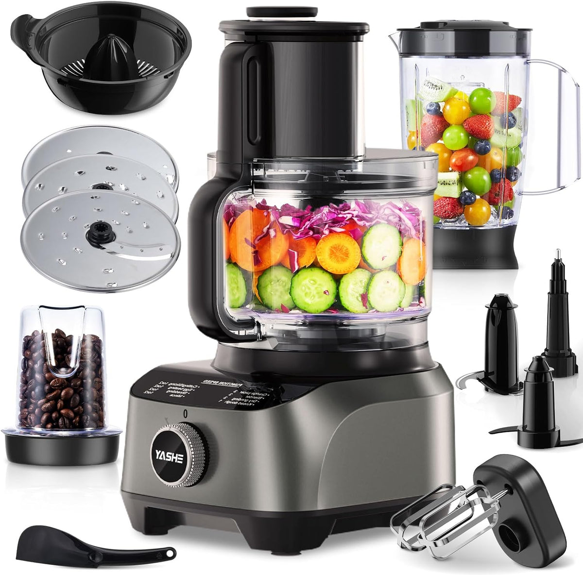 Robots de cocina, YASHE, 2,5L Bol & 1,5L Jarra, 1300W, Procesador de Alimentos Multifuncional, Batidora, Grinder, Exprimidor, Amasadora, Picadora