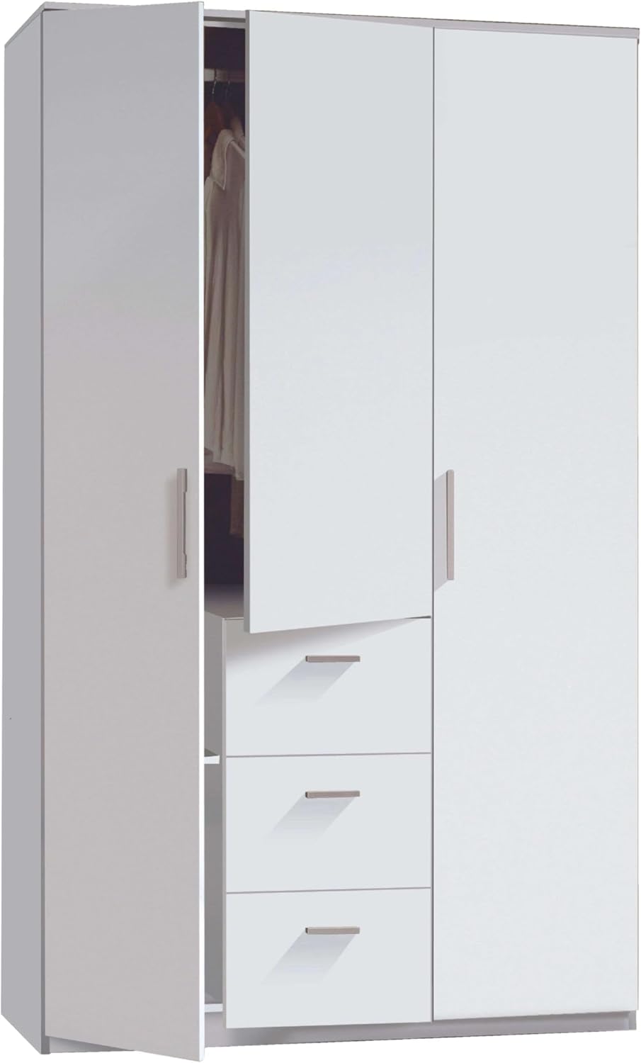 armario, Habitdesign, Color Blanco Brillo, Ropero 3 Puertas y 3 cajones, 203x117x52 (AltoxAnchoxFondo - en Cm), con Barra Colgadora y Estantes