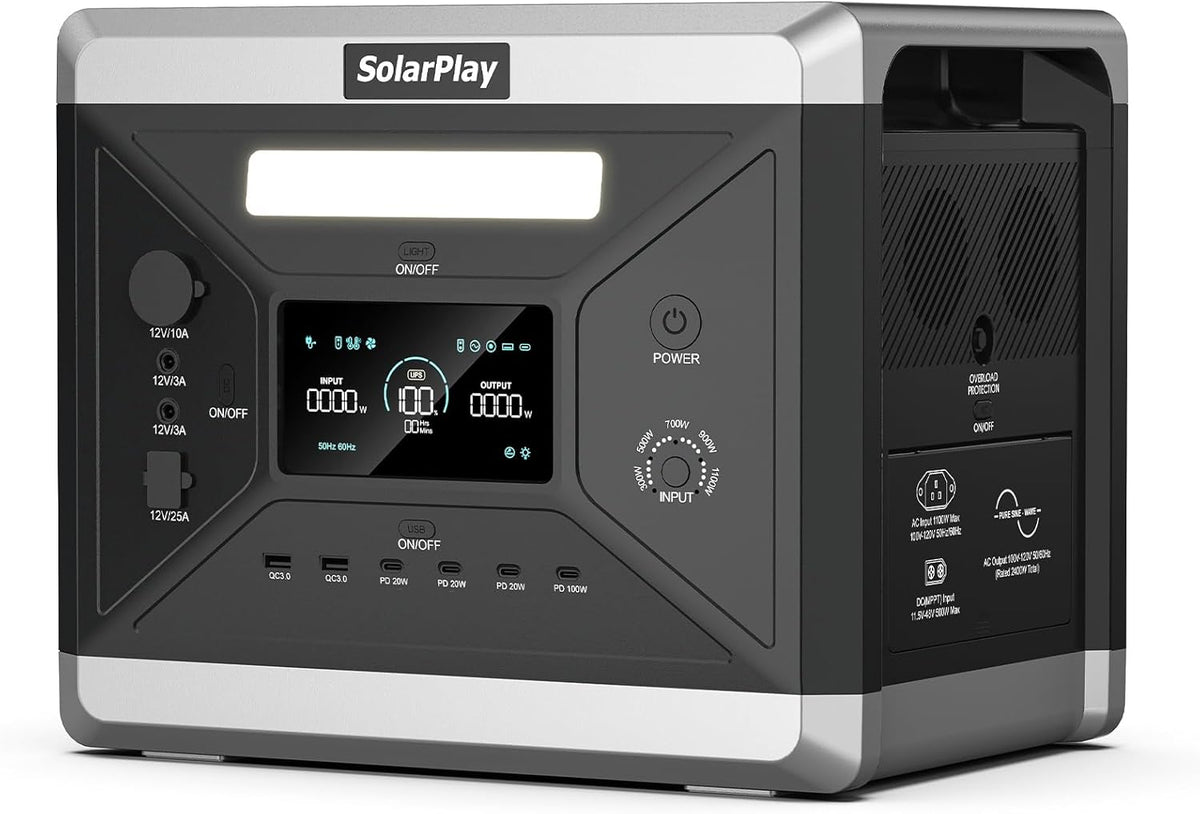 generador Q2501, Cellplay, SolarPlay Q2501 Estación de Energía Portátil 2160 Wh, 2400 W Batería LiFeP04 Carga Completa Rápida 2h vía, Emergencia